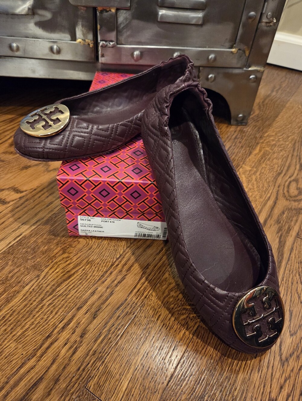 Tory Burch Quilted Nappa Leather Minnie Ballet Flats Size 9 in Port
